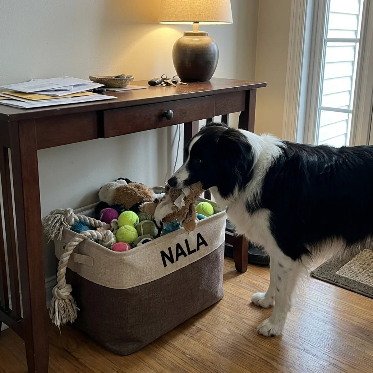 Coffre à jouets café au prénom du chien sous une console