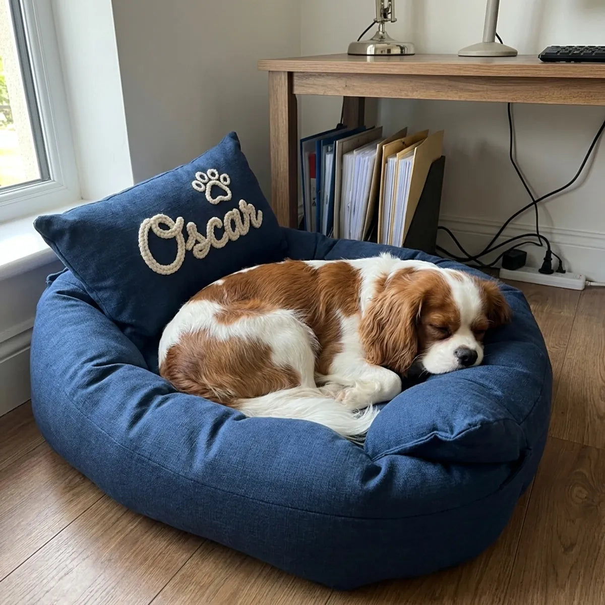 Coussin bleu marine brodé en crème au prénom du chien