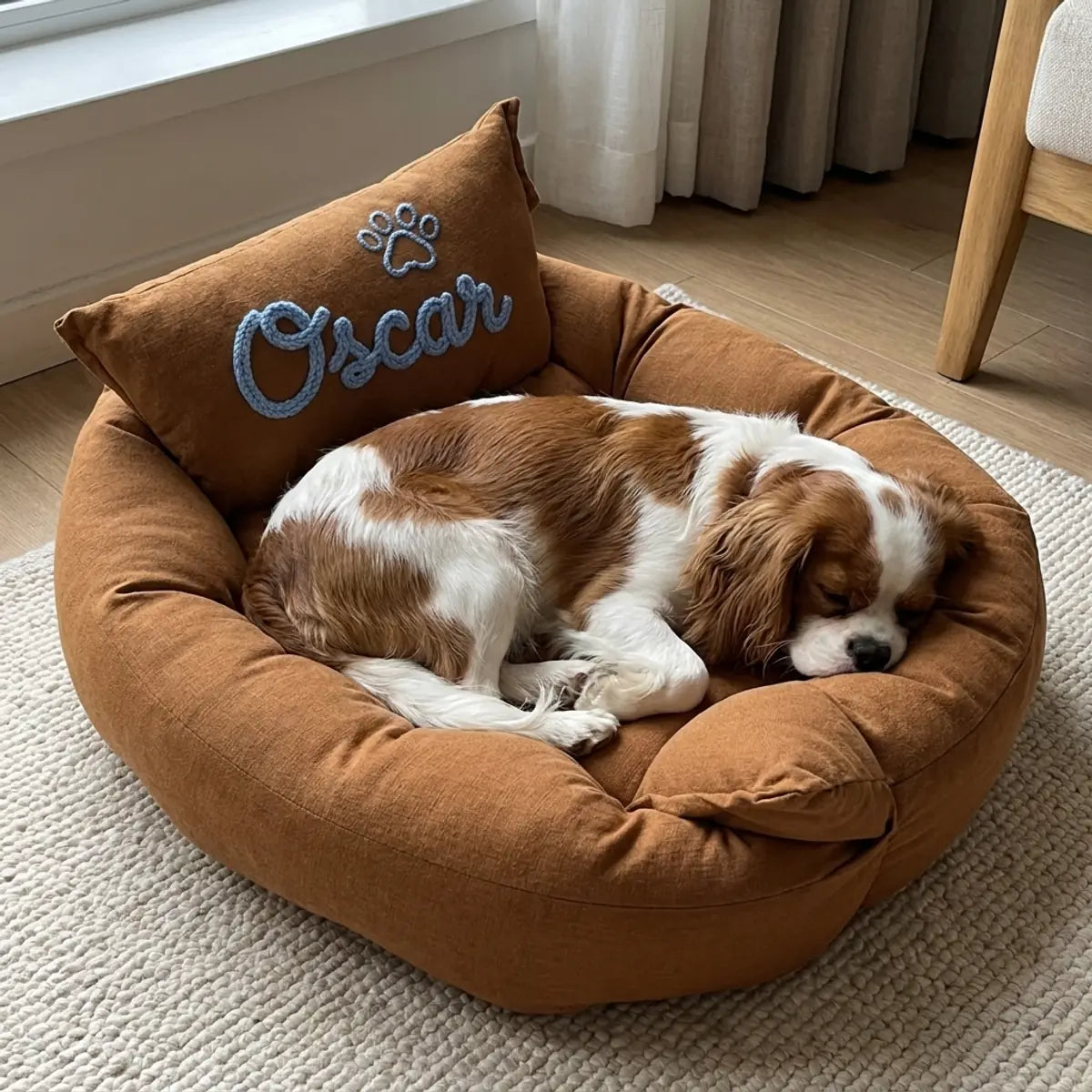 Coussin caramel brodé en bleu ciel au prénom du chien