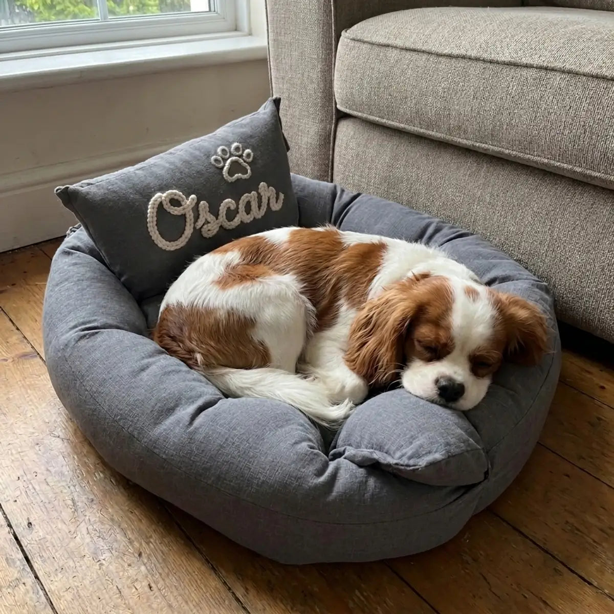 Coussin gris brodé en crème au prénom du chien près d un canapé