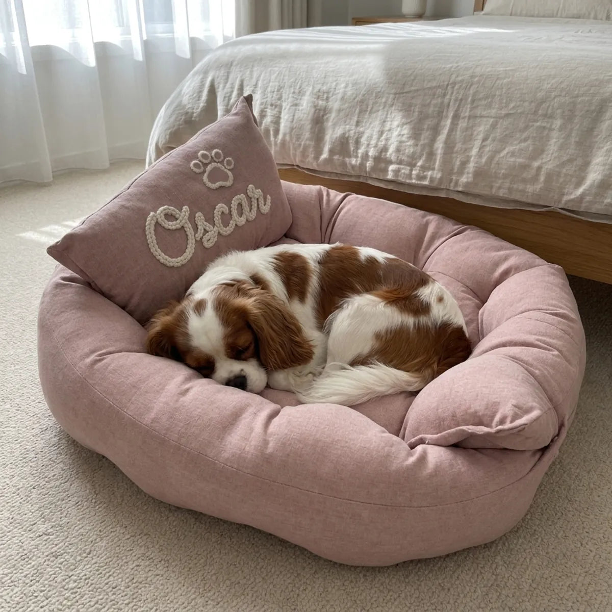 Coussin rose poudré brodé au prénom au pied du lit