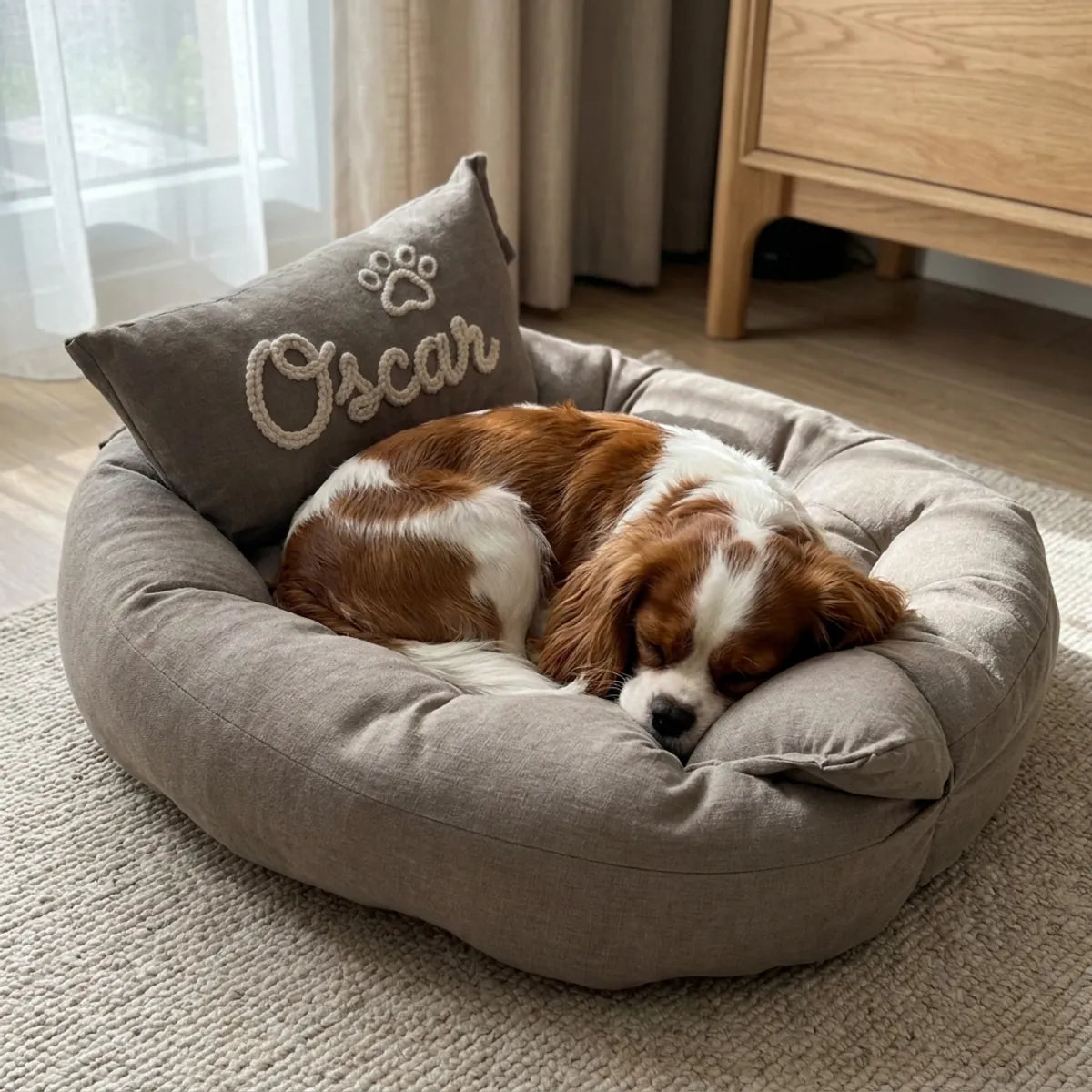 Cavalier king charles endormi dans son coussin taupe brodé à son prénom