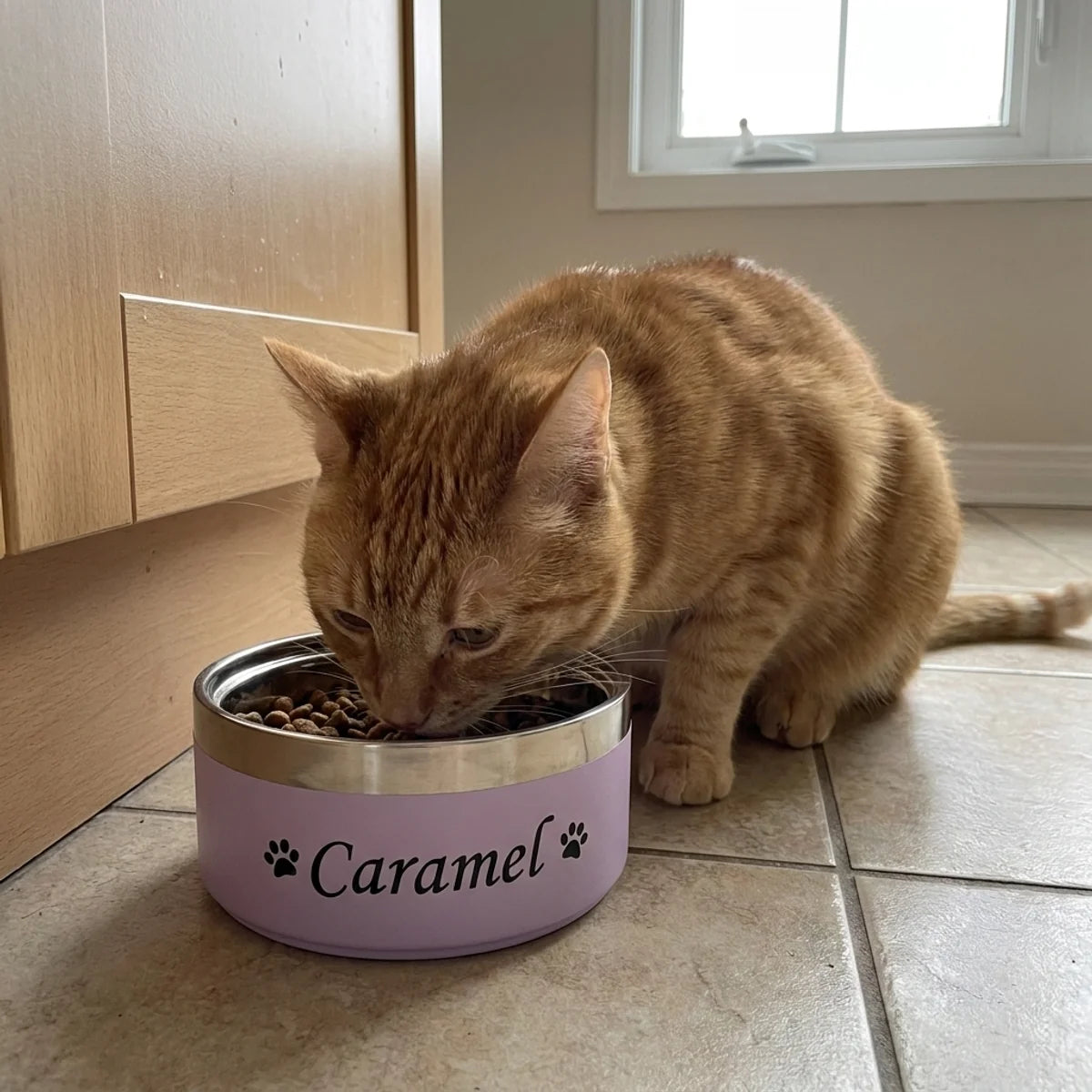 Gamelle inox lilas au prénom du chat sur un carrelage