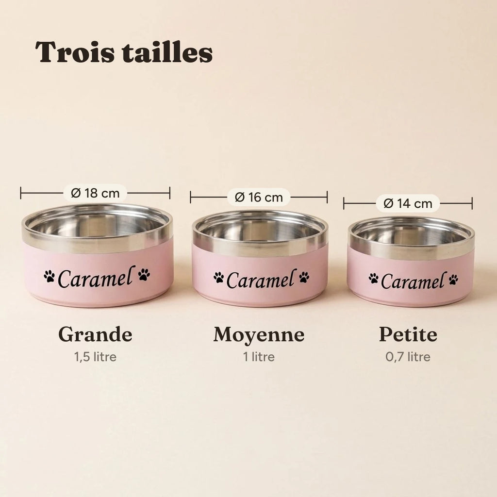 Les trois tailles de gamelle inox, 14, 16 et 18 cm de diamètre