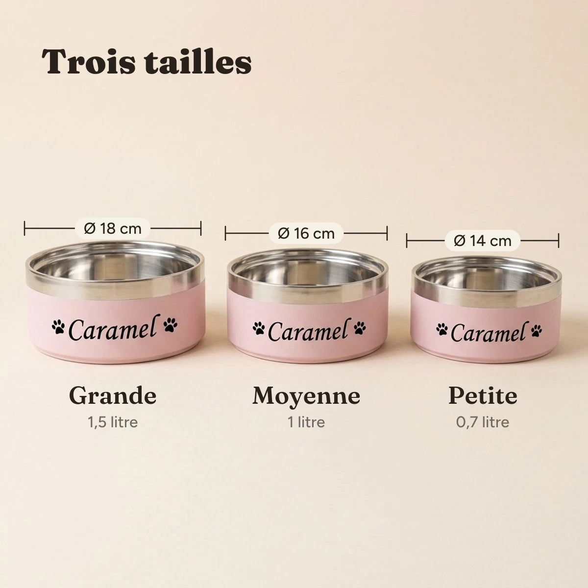 Les trois tailles de gamelle inox, 14, 16 et 18 cm de diamètre