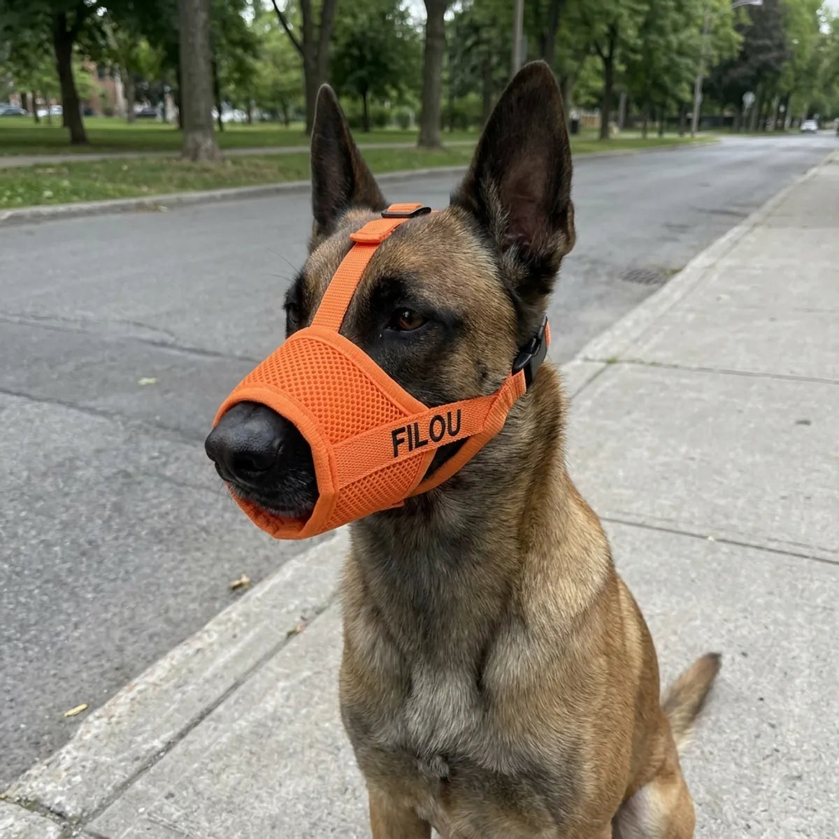Malinois avec muselière orange brodée à son prénom en ville