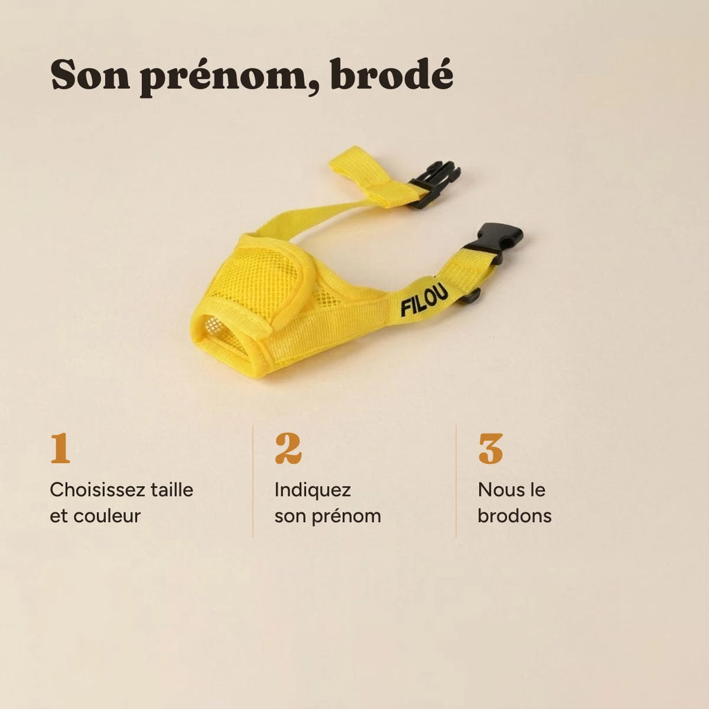 Les trois étapes pour faire broder le prénom sur la muselière