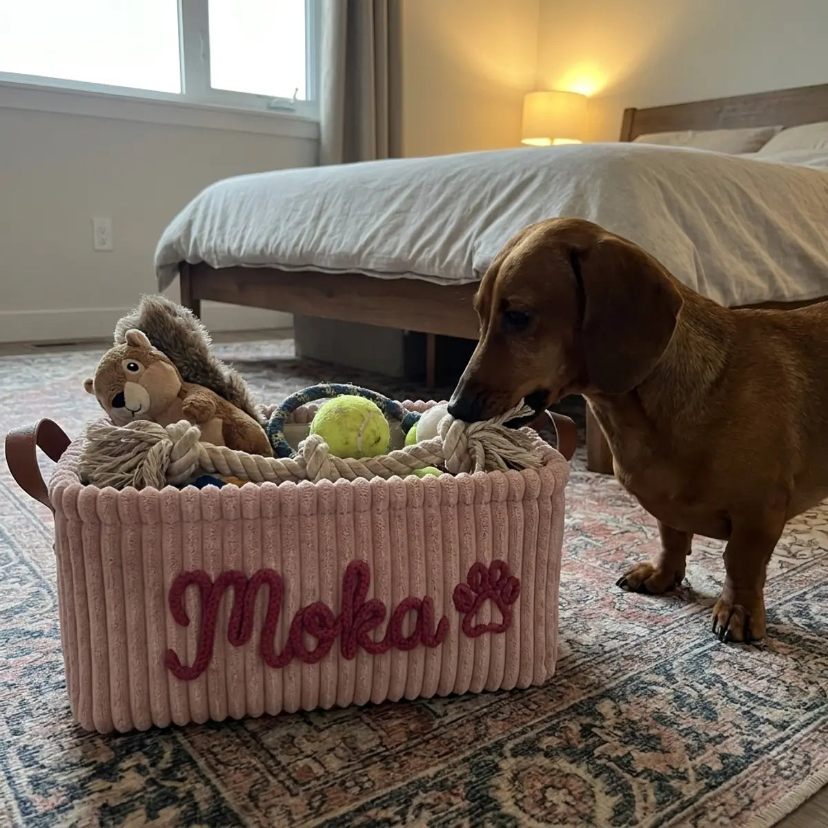 Panier à jouets rose brodé en rose au prénom du chien