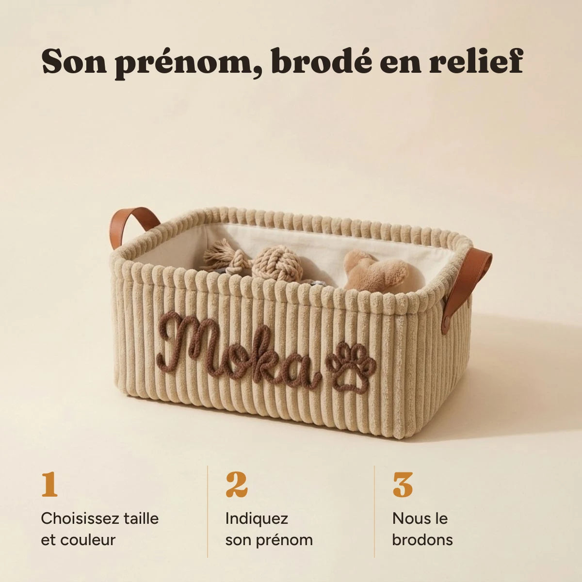 Les trois étapes pour faire broder le panier à jouets au prénom