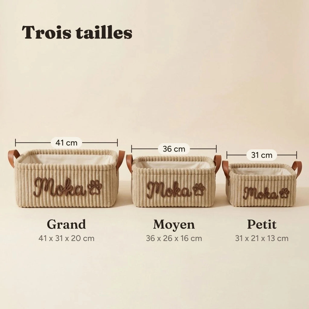 Les trois tailles du panier à jouets, 31, 36 et 41 cm