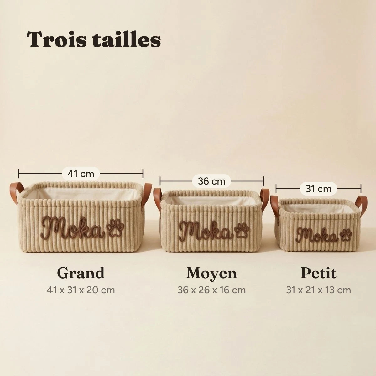 Les trois tailles du panier à jouets, 31, 36 et 41 cm