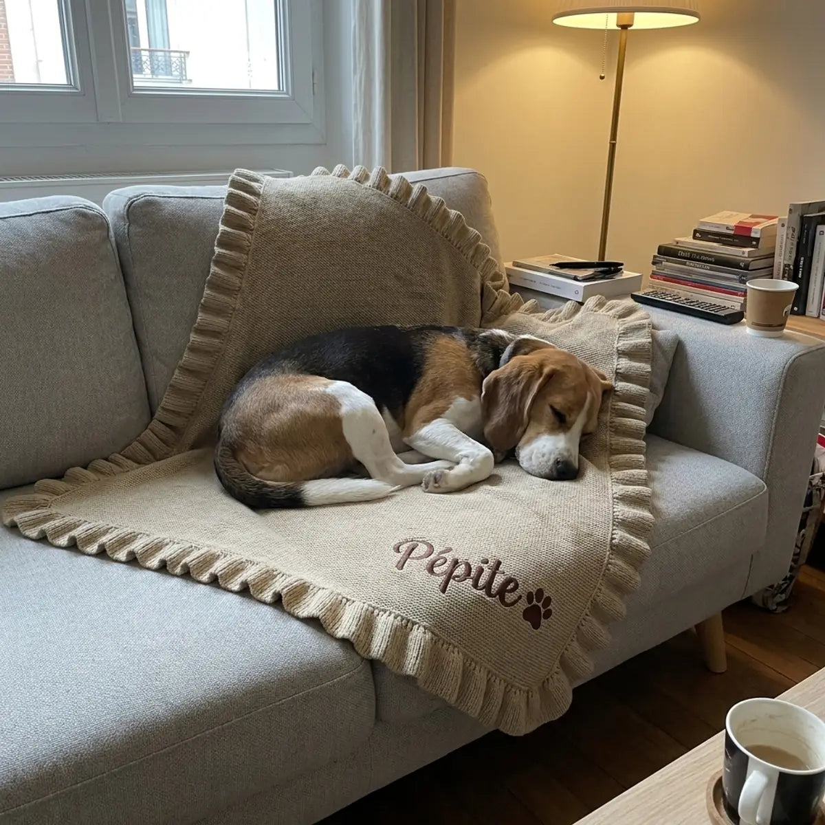 Beagle endormi sur son plaid beige brodé à son prénom