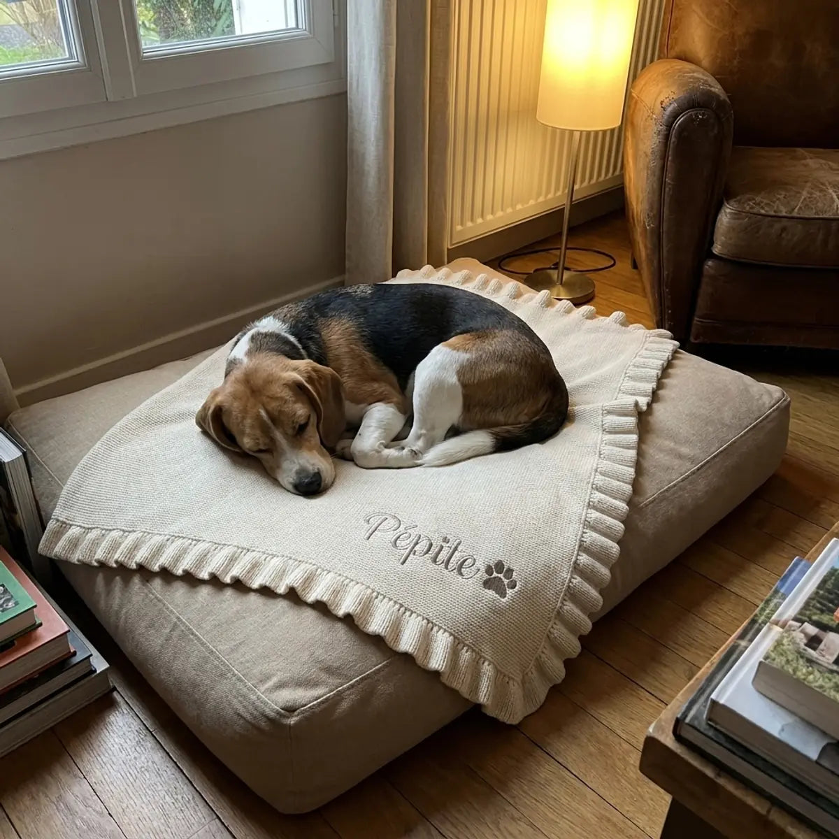 Plaid blanc crème brodé au prénom sur un coussin pour chien