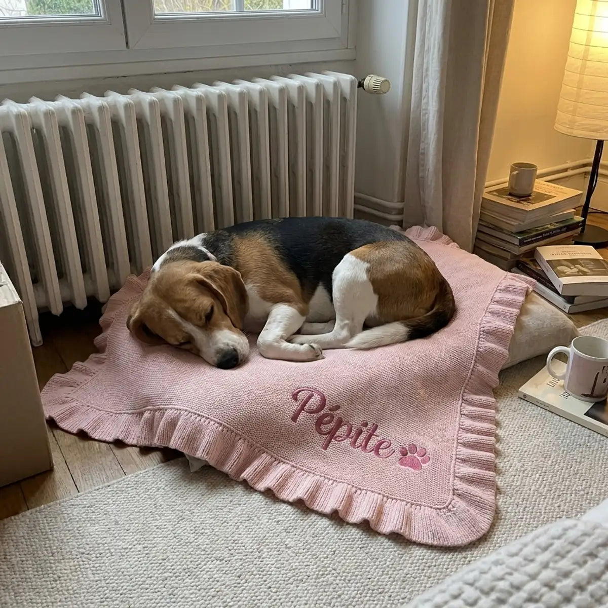 Plaid rose brodé au prénom sur un tapis de chambre