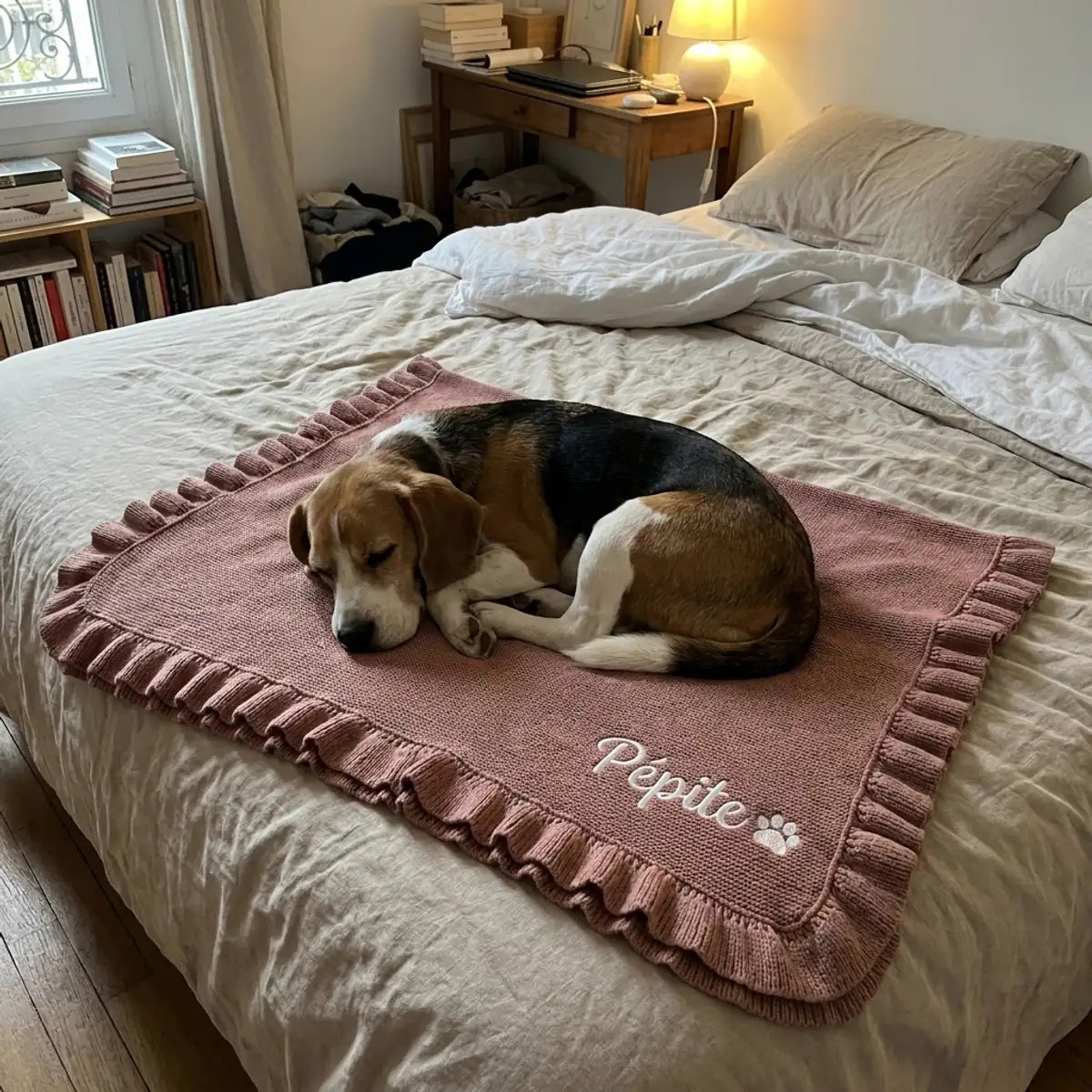Plaid vieux rose brodé en blanc au pied du lit